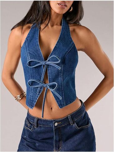 SweatyRocks Women's Bow Backless Denim Halter Top Tie Front Sleeveless Crop Tank Tops in Saudi Arabia