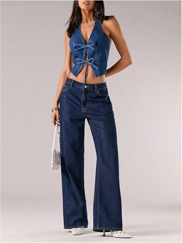 SweatyRocks Women's Bow Backless Denim Halter Top Tie Front Sleeveless Crop Tank Tops in Saudi Arabia