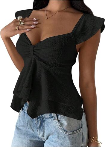 Milumia Women's Textured Peplum Tank Tops Y2k Ruffle Hem Cap Sleeve Sweetheart Neck Flowy Going Out T-Shirt in Saudi Arabia