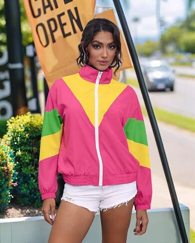 UOUA 80s Windbreaker Jacket for Women Retro Color Block Wind Breaker Long Sleeve Reversible Casual Coat in Saudi Arabia