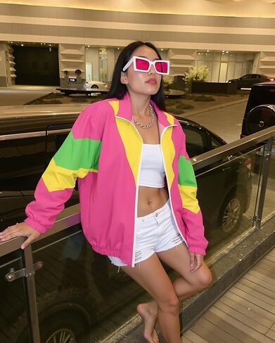 UOUA 80s Windbreaker Jacket for Women Retro Color Block Wind Breaker Long Sleeve Reversible Casual Coat in Saudi Arabia