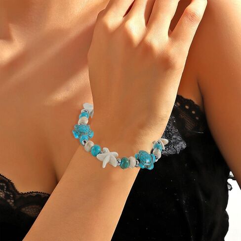 سوار مرن من خرز نجم البحر السلحفاة، سوار الشاطئ باللونين الأزرق والأبيض للرجال والنساء in Kuwait