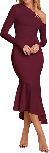 Parthea Women One Shoulder Long Sleeve Ruched Bodycon Midi Dress Fall Wedding Guest Elegant Cocktail Party Gown in Saudi Arabia