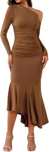 Parthea Women One Shoulder Long Sleeve Ruched Bodycon Midi Dress Fall Wedding Guest Elegant Cocktail Party Gown in Saudi Arabia