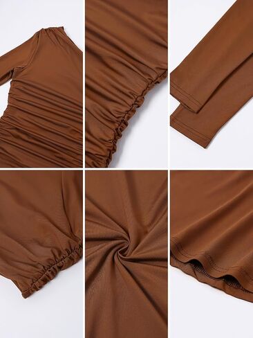 Parthea Women One Shoulder Long Sleeve Ruched Bodycon Midi Dress Fall Wedding Guest Elegant Cocktail Party Gown in Saudi Arabia