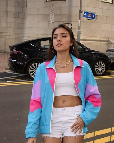 UOUA 80s Windbreaker Jacket for Women Retro Color Block Wind Breaker Long Sleeve Reversible Casual Coat in Saudi Arabia