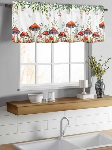 Kitchen Valance for Windows,Spring Mushroom Flower Leaf Butterfly Rod Pocket Valances Curtain Window Topper,Green Plant on White Curtain Valance for Bedroom Bathroom Living Room Cafe 54x18in in Saudi Arabia