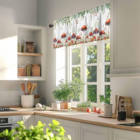 Kitchen Valance for Windows,Spring Mushroom Flower Leaf Butterfly Rod Pocket Valances Curtain Window Topper,Green Plant on White Curtain Valance for Bedroom Bathroom Living Room Cafe 54x18in in Saudi Arabia