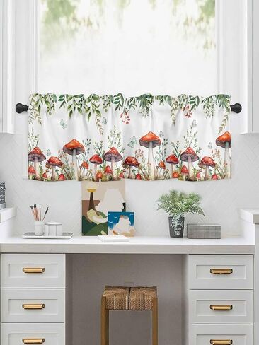 Kitchen Valance for Windows,Spring Mushroom Flower Leaf Butterfly Rod Pocket Valances Curtain Window Topper,Green Plant on White Curtain Valance for Bedroom Bathroom Living Room Cafe 54x18in in Saudi Arabia