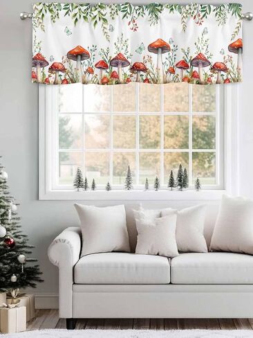 Kitchen Valance for Windows,Spring Mushroom Flower Leaf Butterfly Rod Pocket Valances Curtain Window Topper,Green Plant on White Curtain Valance for Bedroom Bathroom Living Room Cafe 54x18in in Saudi Arabia