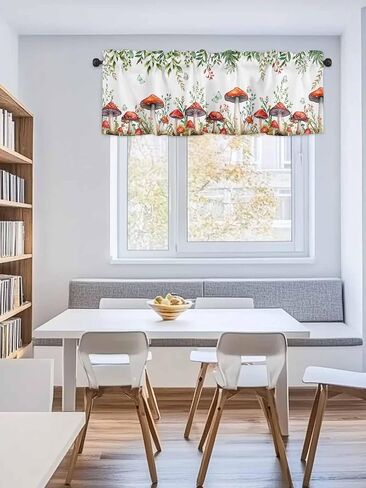 Kitchen Valance for Windows,Spring Mushroom Flower Leaf Butterfly Rod Pocket Valances Curtain Window Topper,Green Plant on White Curtain Valance for Bedroom Bathroom Living Room Cafe 54x18in in Saudi Arabia
