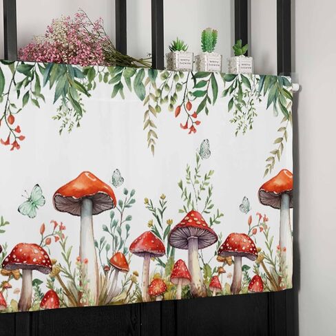 Kitchen Valance for Windows,Spring Mushroom Flower Leaf Butterfly Rod Pocket Valances Curtain Window Topper,Green Plant on White Curtain Valance for Bedroom Bathroom Living Room Cafe 54x18in in Saudi Arabia