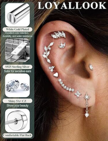 LOYALLOOK 925 Sterling Silver Flat Back Stud Earrings for Women Hypoallergenic | 14K Gold Plated Cartilage Earrings for Sensitive Ears | Small CZ Helix Conch Tragus Piercing Jewelry 20G in Saudi Arabia
