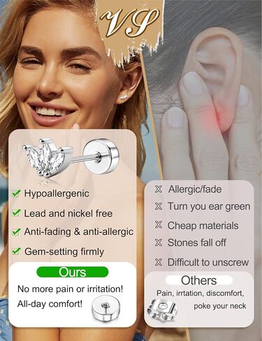 LOYALLOOK 925 Sterling Silver Flat Back Stud Earrings for Women Hypoallergenic | 14K Gold Plated Cartilage Earrings for Sensitive Ears | Small CZ Helix Conch Tragus Piercing Jewelry 20G in Saudi Arabia