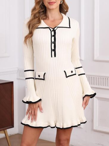 Ladyful Women's Sweater Mini Dress Long Sleeve Sexy Bodycon Button Front V-Neck Knit Pullover Dress in Saudi Arabia
