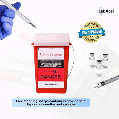 Polypropylene 1 Gallon Sharps Container with Cap – Needle & Syringe Disposal for Home & Professional Use, Free Standing, Translucent Sliding Lid, PVC-Free Medical Waste Bin – Red, 3 Count in Kuwait