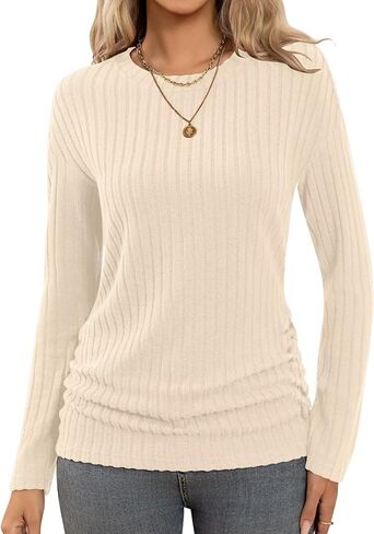 Bliwov قمصان طويلة الأكمام للنساء أزياء الخريف وتتسابق CrewNeck القمم الجانبين Ruched بلوفر شتوي البلوزات تونك الملابس in Kuwait