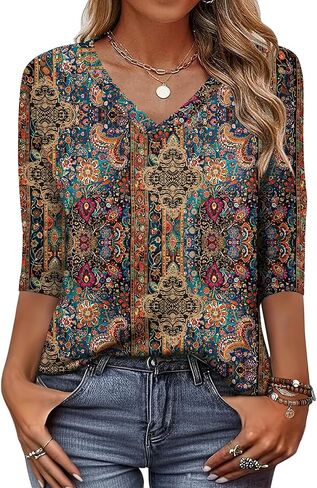 Zeagoo Womens 3/4 Length Sleeve Tunic Tops Casual V Neck Shirts Basic Tees Business Work Blouses Summer Fall 2025 Clothes in Kuwait