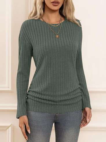 Bliwov قمصان طويلة الأكمام للنساء أزياء الخريف وتتسابق CrewNeck القمم الجانبين Ruched بلوفر شتوي البلوزات تونك الملابس in Kuwait