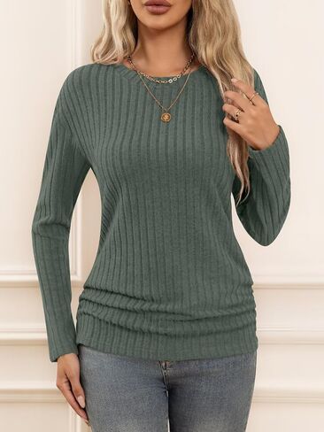 Bliwov قمصان طويلة الأكمام للنساء أزياء الخريف وتتسابق CrewNeck القمم الجانبين Ruched بلوفر شتوي البلوزات تونك الملابس in Kuwait