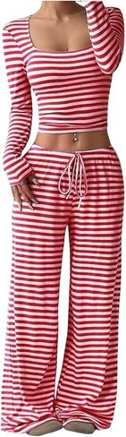 Women’s 2 Piece Lounge Set Striped Square Neck Top Cropped Tunic Wide Leg Pants Casual Pajamas Set in Kuwait