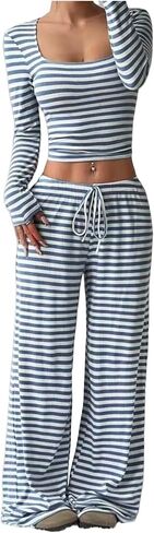 Women’s 2 Piece Lounge Set Striped Square Neck Top Cropped Tunic Wide Leg Pants Casual Pajamas Set in Kuwait