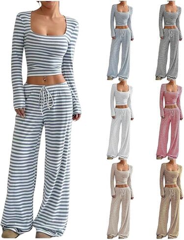 Women’s 2 Piece Lounge Set Striped Square Neck Top Cropped Tunic Wide Leg Pants Casual Pajamas Set in Kuwait
