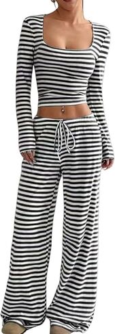 Women’s 2 Piece Lounge Set Striped Square Neck Top Cropped Tunic Wide Leg Pants Casual Pajamas Set in Kuwait