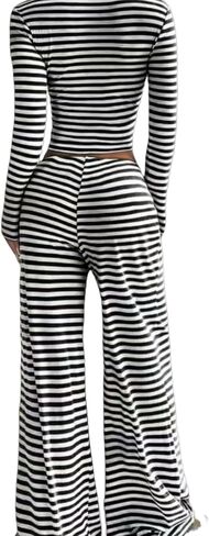Women’s 2 Piece Lounge Set Striped Square Neck Top Cropped Tunic Wide Leg Pants Casual Pajamas Set in Kuwait