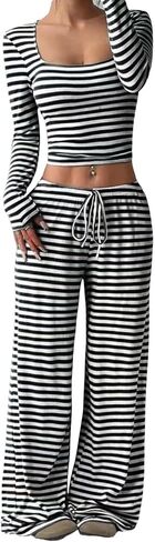 Women’s 2 Piece Lounge Set Striped Square Neck Top Cropped Tunic Wide Leg Pants Casual Pajamas Set in Kuwait