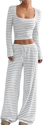 Women’s 2 Piece Lounge Set Striped Square Neck Top Cropped Tunic Wide Leg Pants Casual Pajamas Set in Kuwait