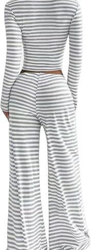 Women’s 2 Piece Lounge Set Striped Square Neck Top Cropped Tunic Wide Leg Pants Casual Pajamas Set in Kuwait