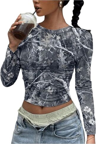 SOLY HUX Women's Y2k Camo T Shirt Crew Neck Long Sleeve Slim Fit Tee Going Out Crop Tops in Saudi Arabia