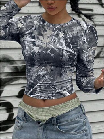 SOLY HUX Women's Y2k Camo T Shirt Crew Neck Long Sleeve Slim Fit Tee Going Out Crop Tops in Saudi Arabia
