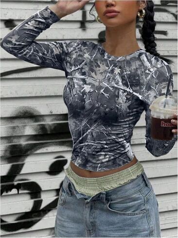 SOLY HUX Women's Y2k Camo T Shirt Crew Neck Long Sleeve Slim Fit Tee Going Out Crop Tops in Saudi Arabia