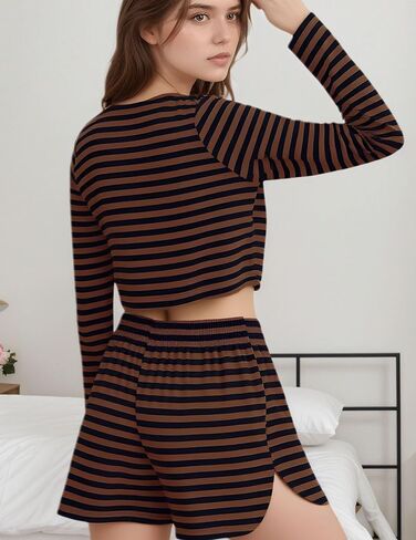 طقم بيجامات نسائية قصيرة منقسمة مكونة من قطعتين شورت بأكمام طويلة ملابس نوم Strpied Pjs ملابس نوم برقبة دائرية وملابس للاستلقاء in Kuwait