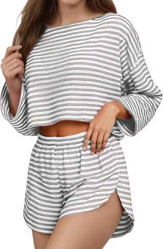 طقم بيجامات نسائية قصيرة منقسمة مكونة من قطعتين شورت بأكمام طويلة ملابس نوم Strpied Pjs ملابس نوم برقبة دائرية وملابس للاستلقاء in Kuwait