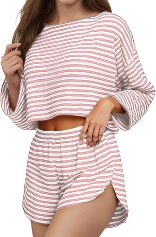 Womens Split Short Pajamas Set 2 Piece Long Sleeve Shorts Strpied Pjs Sleepwear Access Crew Neck Loungewear in Saudi Arabia