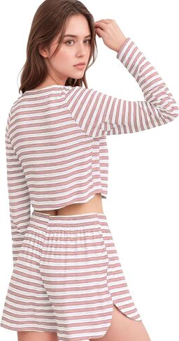 Womens Split Short Pajamas Set 2 Piece Long Sleeve Shorts Strpied Pjs Sleepwear Access Crew Neck Loungewear in Saudi Arabia
