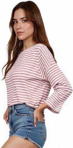 Womens Split Short Pajamas Set 2 Piece Long Sleeve Shorts Strpied Pjs Sleepwear Access Crew Neck Loungewear in Saudi Arabia
