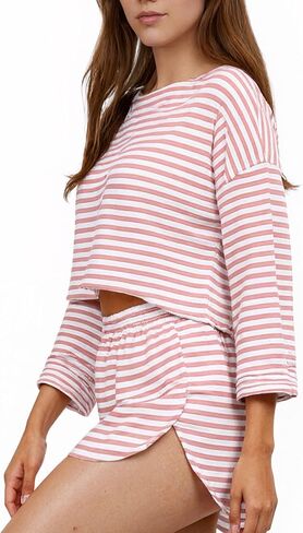 Womens Split Short Pajamas Set 2 Piece Long Sleeve Shorts Strpied Pjs Sleepwear Access Crew Neck Loungewear in Saudi Arabia