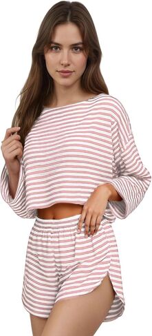 Womens Split Short Pajamas Set 2 Piece Long Sleeve Shorts Strpied Pjs Sleepwear Access Crew Neck Loungewear in Saudi Arabia