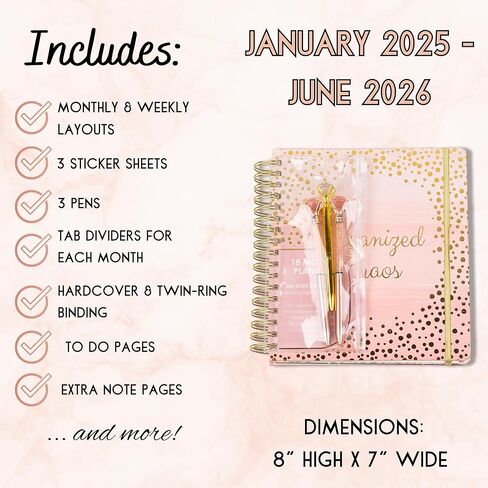 مخطط صغير لمدة 18 شهرًا من Votum 2024-2025 - أغسطس 2024 - مخطط يناير 2026 - مخطط يومي وأسبوعي ومخطط شهري - طوبى هي التي تؤمن، مخطط 2024 مع 3 أوراق ملصقات - مخطط تقويم 2024 in Kuwait