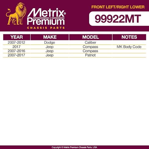 Metrix Premium Chassis Parts - Front Left & Right Lower Control Arm w Ball Joint & Bushing Assembly Kit Fits 07-12 Dodge Caliber, 07-17 Jeep Compass, 07-17 Patriot, RK620066, RK620065, Made in Europe in Saudi Arabia