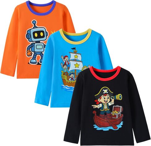 HILEELANG Toddler Boys Long Sleeve Shirts Graphic Cotton Casual Crewneck Tops, Fall Winter Layering Tees 3 Pack,2–7 Years in Saudi Arabia