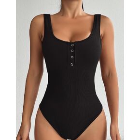 Women's Ribbed Bodysuit Square Neck Button Front Rompers Sleeveless One Piece Onitard Outfit Fit in Kuwait