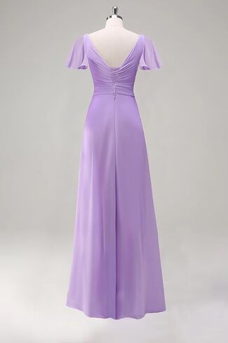 فساتين وصيفة العروس للنساء شيفون أكمام مرفرفة مع جيوب فستان رسمي طويل للحفلات الراقصة رقبة على شكل حرف V in Kuwait