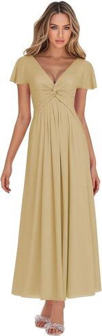 فساتين وصيفة العروس للنساء شيفون أكمام مرفرفة مع جيوب فستان رسمي طويل للحفلات الراقصة رقبة على شكل حرف V in Kuwait