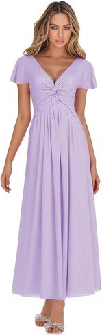 فساتين وصيفة العروس للنساء شيفون أكمام مرفرفة مع جيوب فستان رسمي طويل للحفلات الراقصة رقبة على شكل حرف V in Kuwait