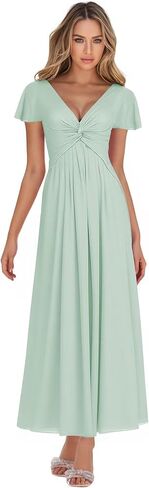 فساتين وصيفة العروس للنساء شيفون أكمام مرفرفة مع جيوب فستان رسمي طويل للحفلات الراقصة رقبة على شكل حرف V in Kuwait